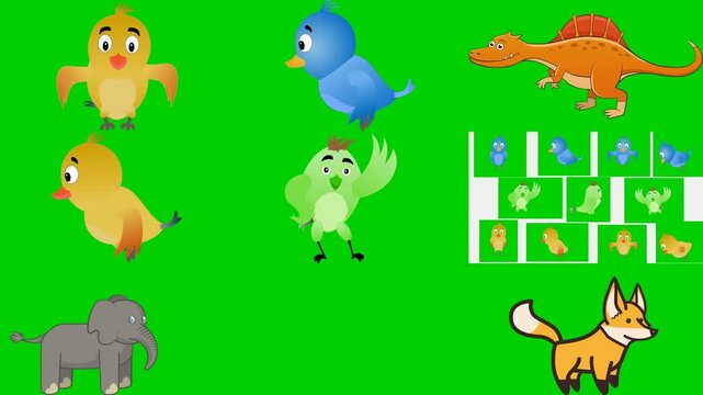Cute animals green screen chroma key background animation featuring chick, bluebird, dinosaur, duck, parrot, fence, elephant, grass, and fox. High quality isolated footage. Buy