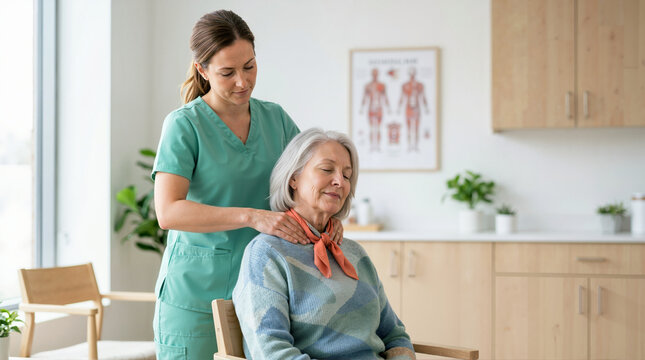 Healthcare professional giving a neck massage to a senior woman. Physical therapy and geriatric care in a modern clinic. Elderly wellness and rehabilitation concept