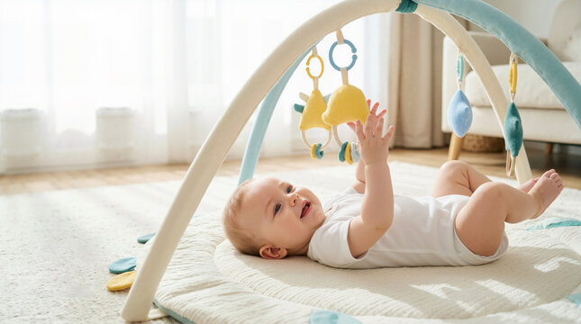 Smiling baby playing on a floor mat under a wooden gym. Happy infant reaching for hanging toys in a sunlit living room. Early childhood development and motor skills