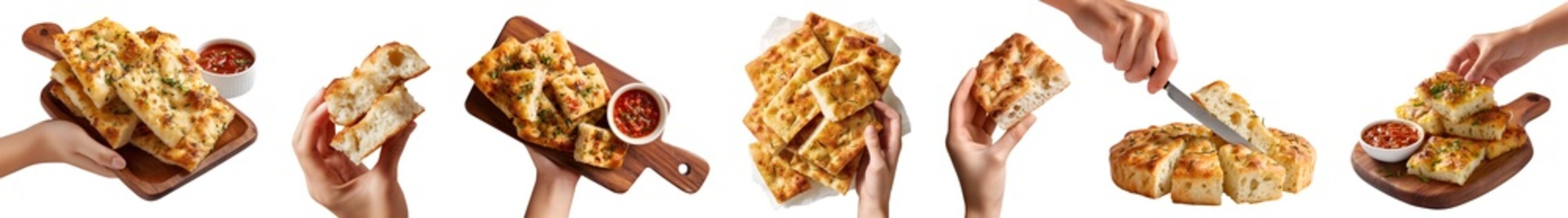 Set of hand holding flatbread Focaccia bread, Italian leavened oven-baked bun, knife sliced, wooden serving board with marinara salsa sauce, pile stack group bitten torn, transparent cutout PNG Mockup