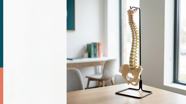 Human spine model on wooden desk in modern medical office. Side view of anatomical skeleton with copy space. Chiropractic and spinal health concept