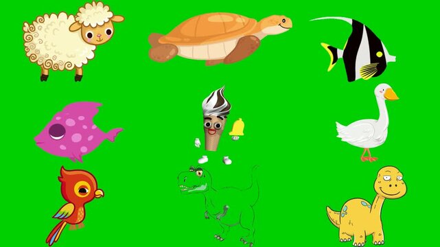 Animal icons green screen chroma key background animation featuring sheep, turtle, angelfish, fish, icecream, goose, parrot, lizard, and dinosaur. High quality isolated footage.