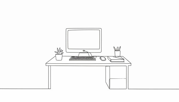 Continuous single line drawing of a modern workspace with computer desk monitor keyboard and office plant for home office concept