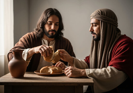 Jesus breaking bread and sharing it with a disciple at a wooden table. Biblical men in ancient clothing having a sacred meal. Christian communion concept