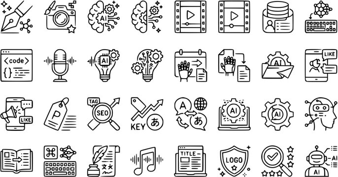 AI Technology Icons Set: Brain, Camera, Code, Microphone, Lightbulb, Data, Robot, SEO