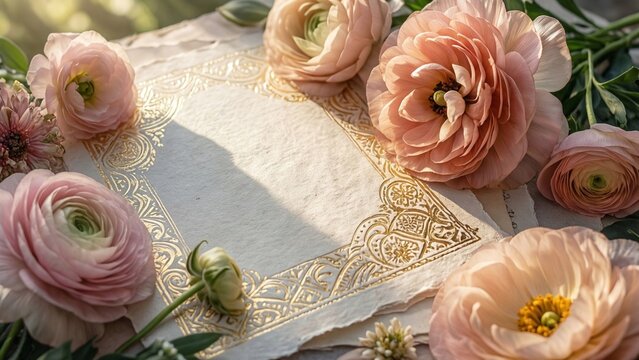 Pink ranunculus flowers arranged on lace wedding invitation with soft lighting