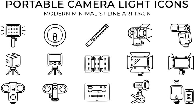 Modern Minimalist Line Art Icons for Portable Camera Lights, Photography Equipment Vector Pack