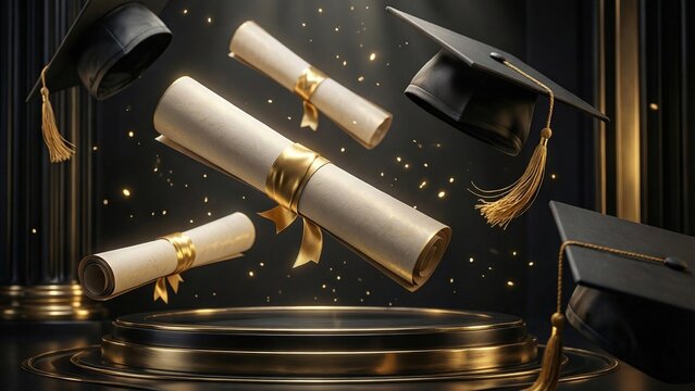 Graduation scrolls and caps floating with golden tassels and glowing particles on dark background