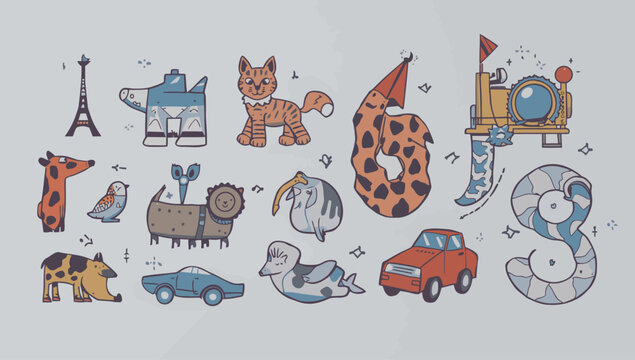 Colorful cartoon animal and object illustrations.