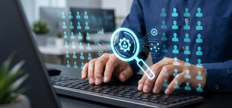 Digital talent search analytics, Professional recruitment magnifying glass, Human resource data intelligence, High tech hiring strategy, Global personnel networking hub, Modern workforce analytics das