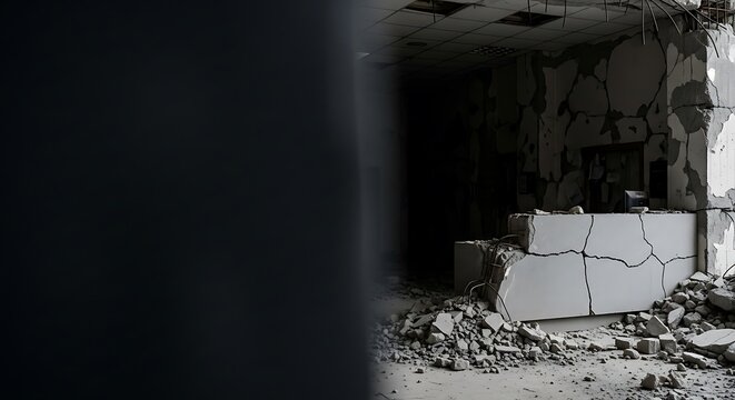 Destroyed office interior with cracked desk after disaster