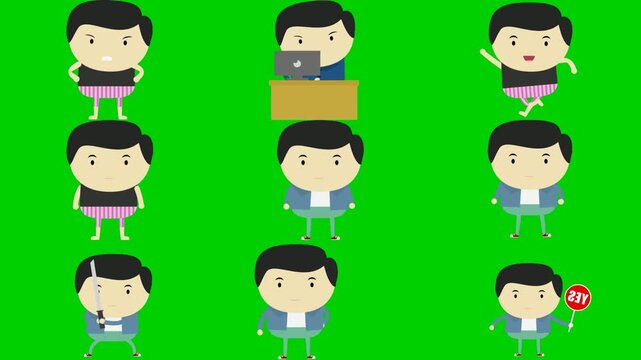 Boss suit green screen chroma key background animation featuring man, stick, desk, stand, paper, run, pose, sign, and stop. High quality isolated footage. Buy this pro clip today