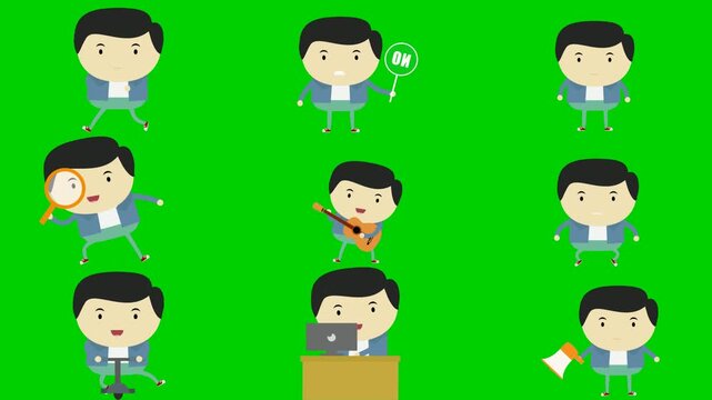 Boss gear green screen chroma key background animation featuring magnifier, music, briefcase, laptop, megaphone, flag, cup, jump, and run. High quality isolated footage. Buy this