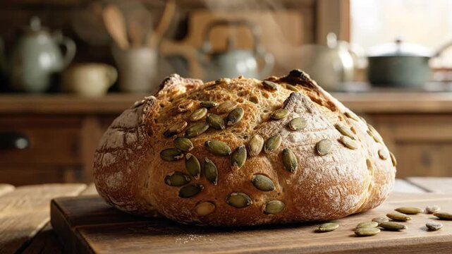 Close-up of a rustic loaf of bread topped with pumpkin seeds sitting on a wooden cutting board