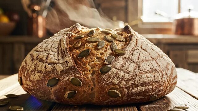 Freshly baked artisan bread loaf with pumpkin seeds, steaming on a rustic wooden table in a kitchen.