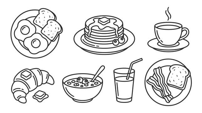 Black line art of various breakfast foods