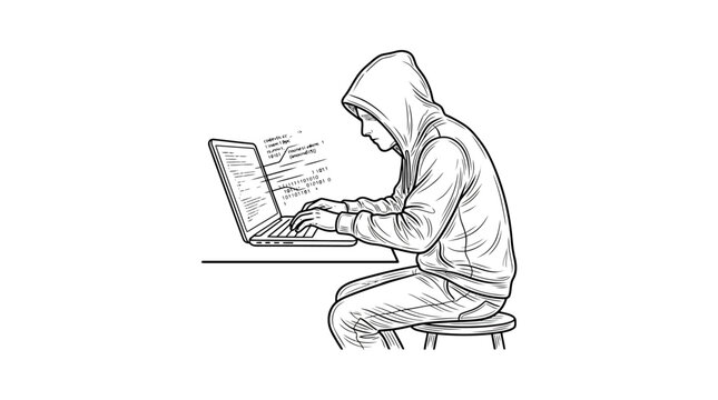 Hacker using laptop in hoodie