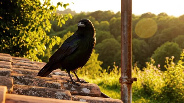 A black crow perched on an old roof with a metal pole in the golden light of the setting sun overlooking a vibrant green landscape
