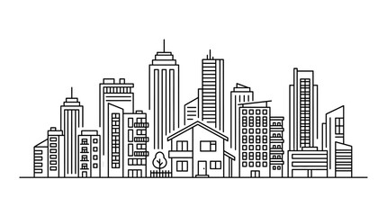 Obraz premium Modern city skyline illustration with diverse architectural buildings in line art style