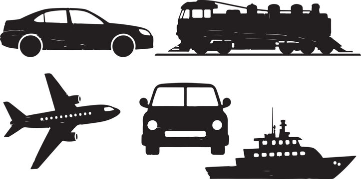 Transportation modes in silhouette form on white background