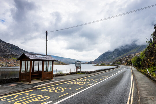 Scenic Bus Stop and Roadside View of Llyn Ogwen, Eryri (Snowdonia), North Wales