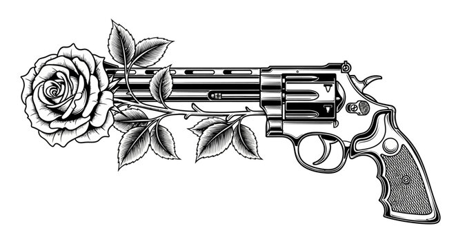 Revolver Gun, Rose Tattoo, Black and White Vector, Gun with Flower, Weapon Illustration