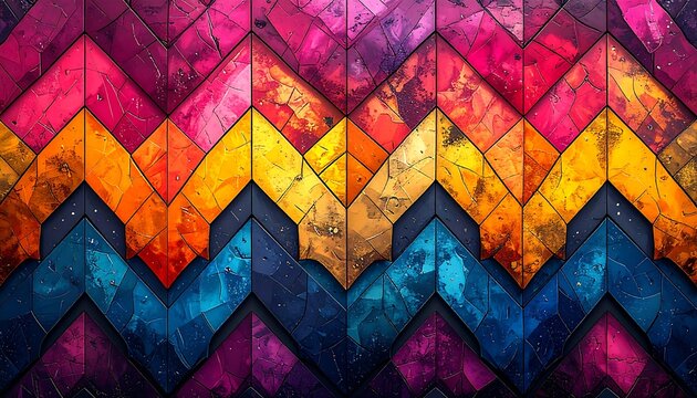 Vibrant Abstract Geometric Pattern with Colorful Chevron Design and Textured Surface.