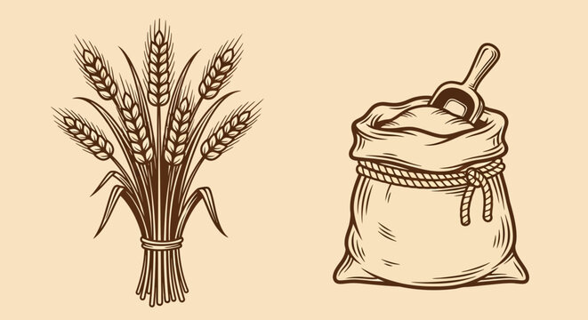 Vintage wheat bundle, flour sack, brown illustration, food icons, baking elements, 2 vector graphics