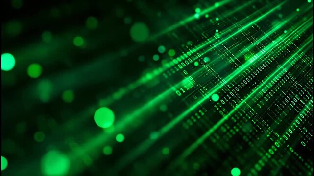 A close-up view of a digital network with glowing green binary code streams