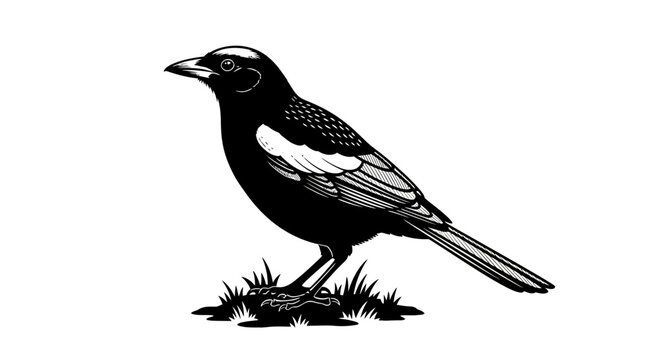Black bird, magpie illustration, wildlife vector, animal icon, grass background