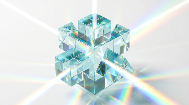 Crystal glass geometric cube puzzle structure dispersing rainbow light rays bright spectrum reflection refraction optical physics science concept isolated white background studio