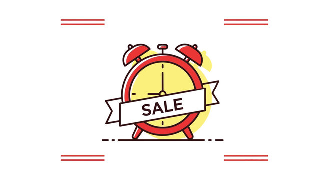 Red Alarm Clock with Sale Banner, Time for Shopping, Limited Time Offer, Discount Concept