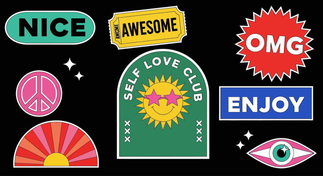 A vibrant sticker sheet featuring various colorful phrases and symbols arranged on a black background with a sticker reference vbjiug 25.ai