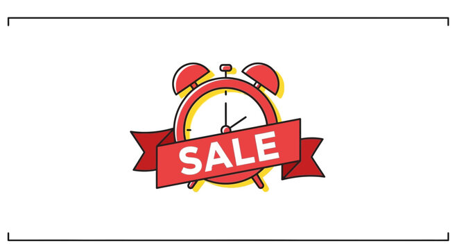 Red Alarm Clock with Sale Ribbon, Time for Shopping, Limited Time Offer