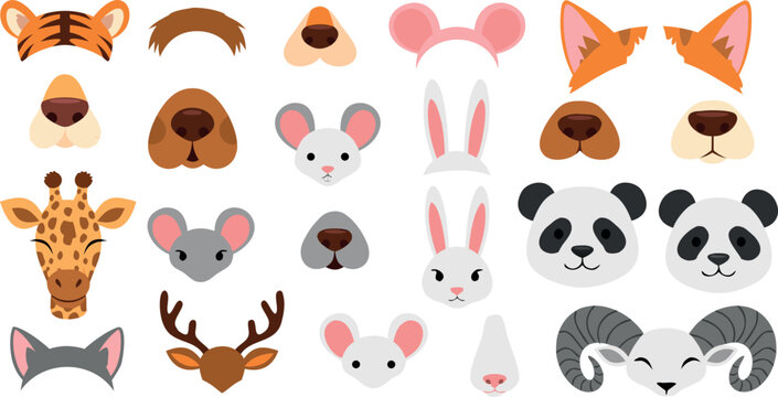 Large collection of animal face masks ears and noses vector set for photo booth and video filters.