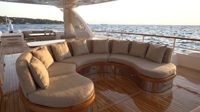 Luxury yacht deck sofa with ocean view at sunset, curved beige seating, teak floor, outdoor lounge with cushions, serene nautical atmosphere