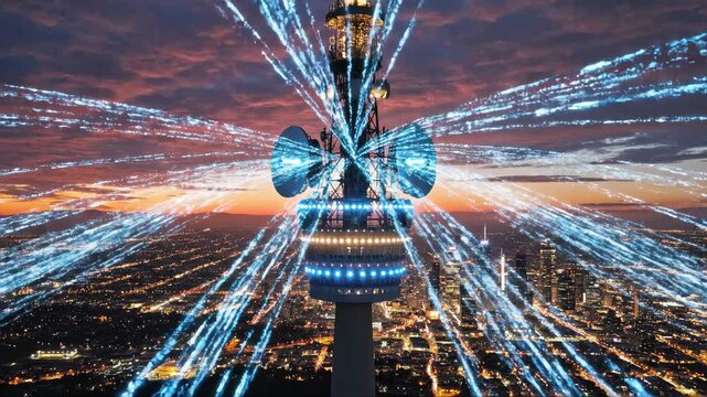 Tower transmitting energy beams over illuminated city at sunset