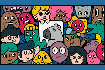 Naklejka premium Flat relief style illustration of a capybara in a crowd, metaphorical representation of introversion.