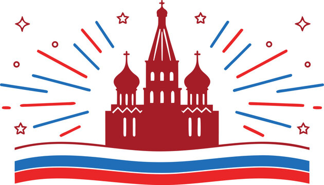 Red and blue russian flag with st. basil's cathedral silhouette