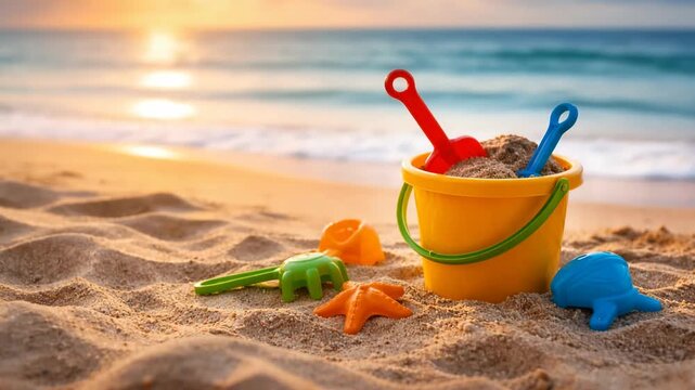 Colorful beach toys rest on warm sand near ocean waves during sunny summer vacation by the sea