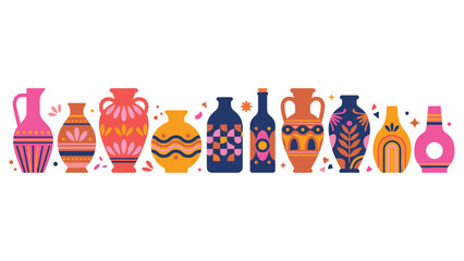 Fototapeta premium Ancient pottery collection with colorful greek vases ceramic pots and decorative pitchers.
