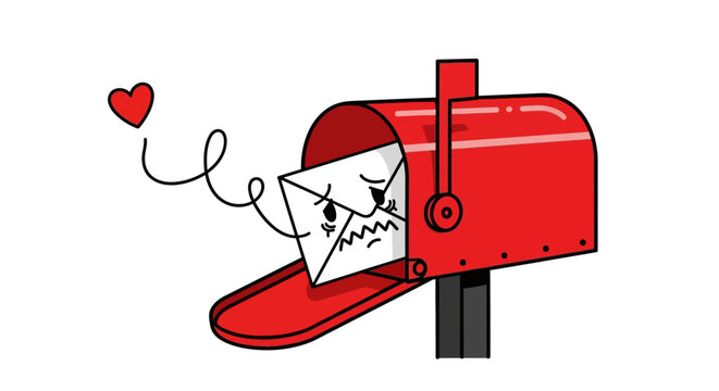 Cute red mailbox, love letter, heart, cartoon, vector icon, flat design, romantic communication symbol, mail box