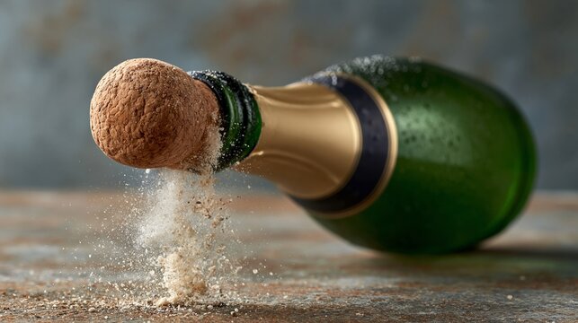 Champagne bottle lies on wooden surface. Cork bursts with fine mist rising upward. Green glass gleams under warm lighting. Frosted neck suggests cold, crisp beverage. Perfect for celebration, luxury