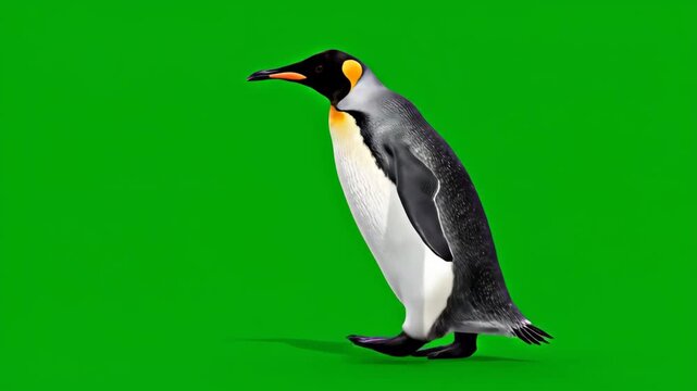 A beautiful King Penguin walks slowly then stands still, isolated on a bright green screen for easy compositing.