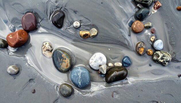 A close-up view of wet, colorful pebbles on a gray surface