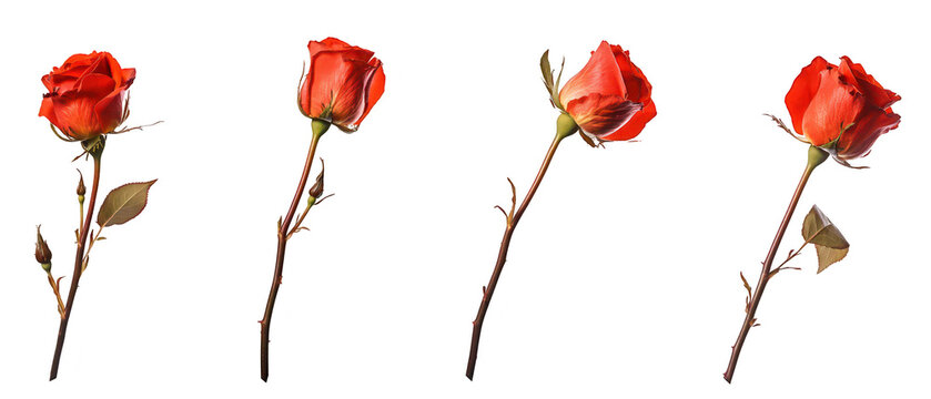 Set of beautiful red rose flowers on long stems isolated png transparent background