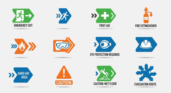 Collection of colorful safety and warning signs.