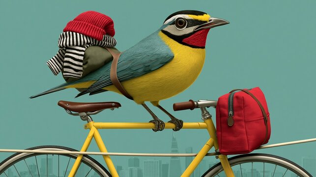 Vibrant bird perches atop a yellow bicycle. Red cap and striped scarf adorn its head. Small bag rests on handlebars, hinting at travel. Teal background contrasts with vivid plumage