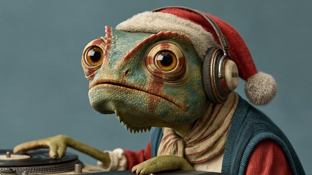 Green lizard with a weathered, expressive face wears a festive Santa hat. Large, soulful eyes reflect concentration or mild boredom. Headphones hug its ears, hinting at music or DJing