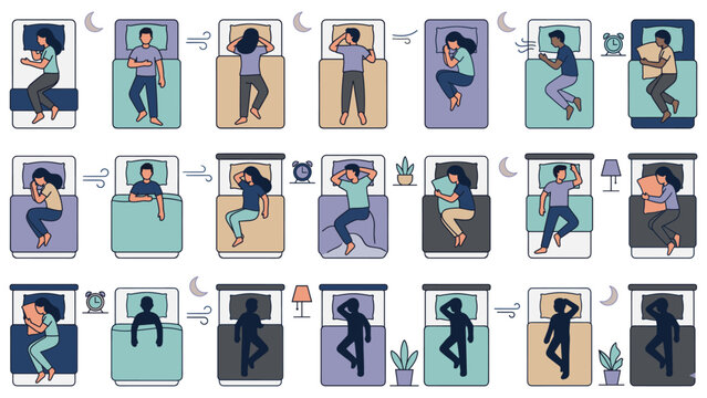 Sleep positions vector illustrations set. diverse people in various sleeping poses.